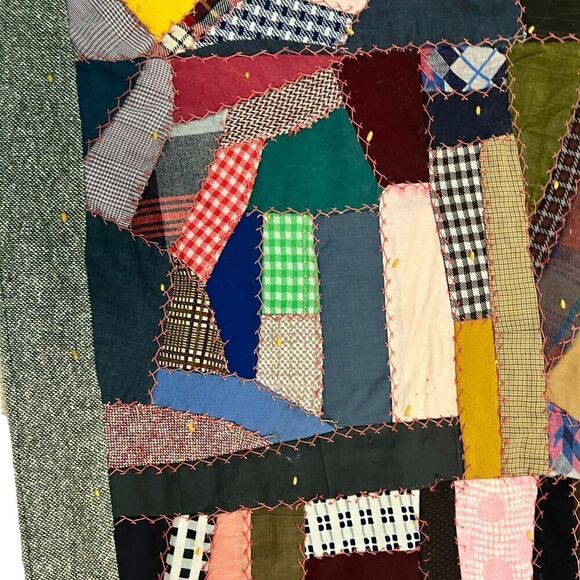 Vintage Handmade Crazy Quilt Patchwork Throw Mixed Fabrics Embroidered 1950s–70s - Picture 6 of 14